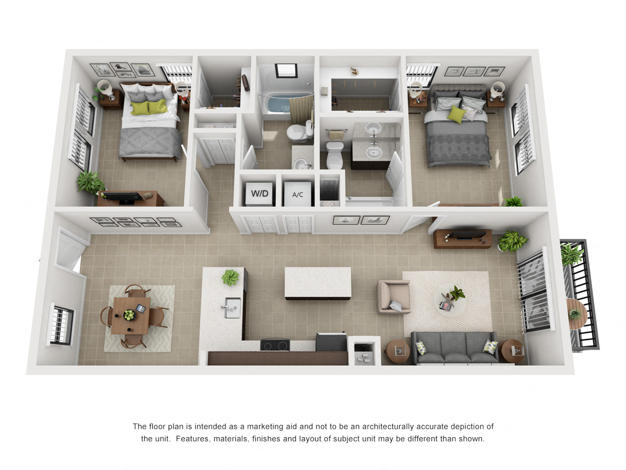 Floor plan for 2 beds, 2 baths, 1107 sqft